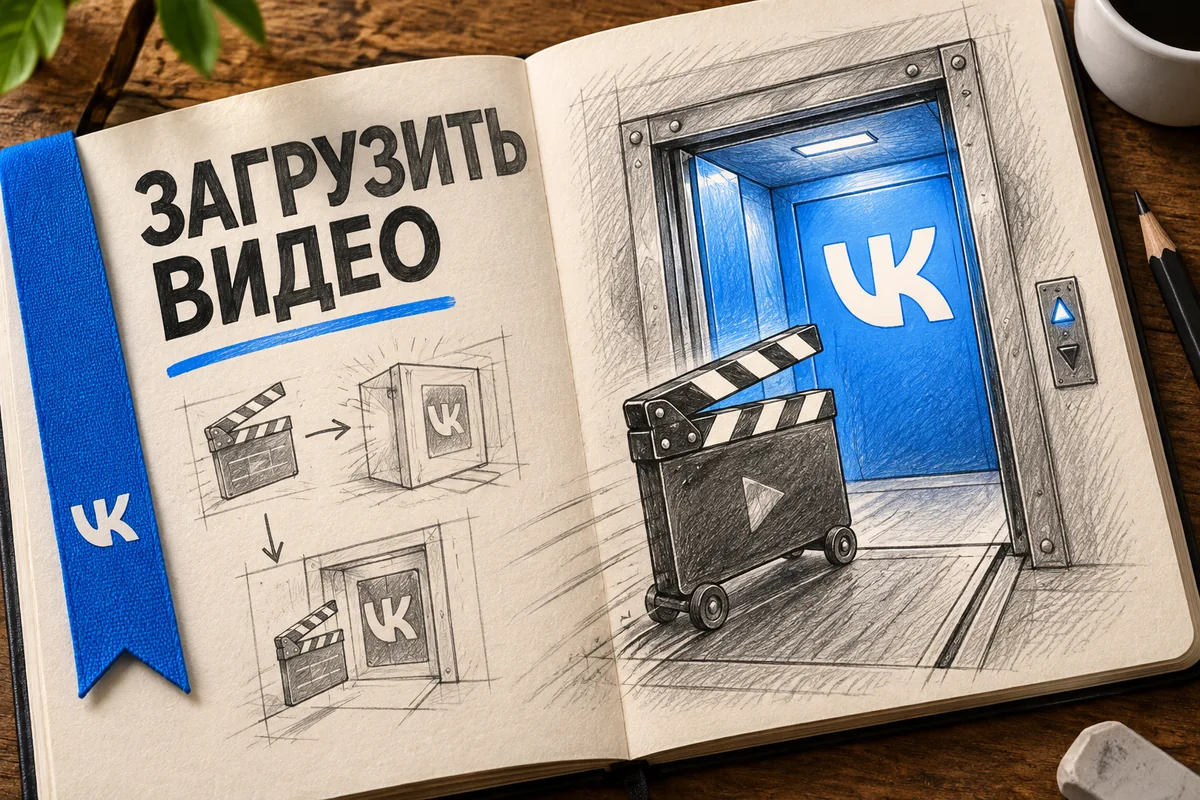 ЗАГРУЗИТЬ ВИДЕО: иллюстрация с логотипом VK для инструкции «Как загрузить своё видео в ВК Видео и проверить публикацию»
