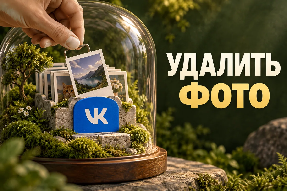 УДАЛИТЬ ФОТО: иллюстрация с логотипом VK для инструкции «Как удалить фотографию ВК и проверить альбомы с копиями»