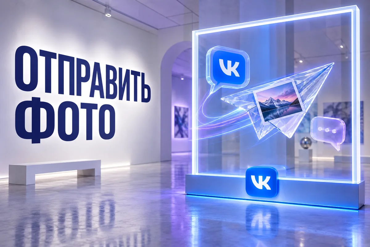 ОТПРАВИТЬ ФОТО: иллюстрация с логотипом VK для инструкции «Как отправить фотографию в сообщении ВК и проверить качество»
