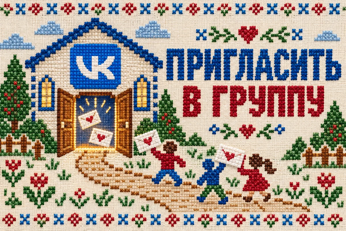 ПРИГЛАСИТЬ В ГРУППУ: иллюстрация с логотипом VK для инструкции «Как пригласить друзей в своё сообщество ВК»