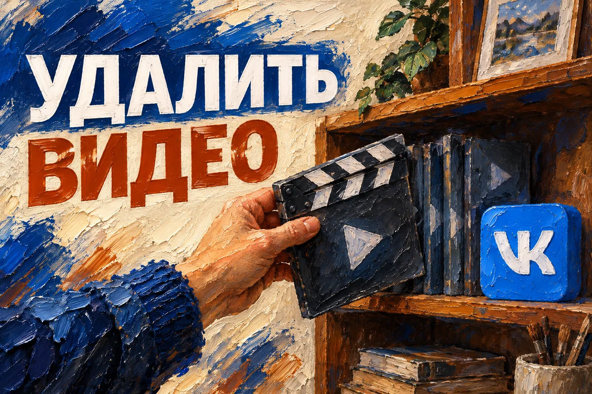 УДАЛИТЬ ВИДЕО: иллюстрация с логотипом VK для инструкции «Как удалить своё видео из ВК Видео и отличить удаление от скрытия»