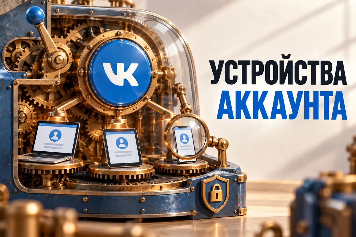УСТРОЙСТВА АККАУНТА: иллюстрация с логотипом VK для инструкции «Как посмотреть устройства ВК и завершить незнакомый сеанс»