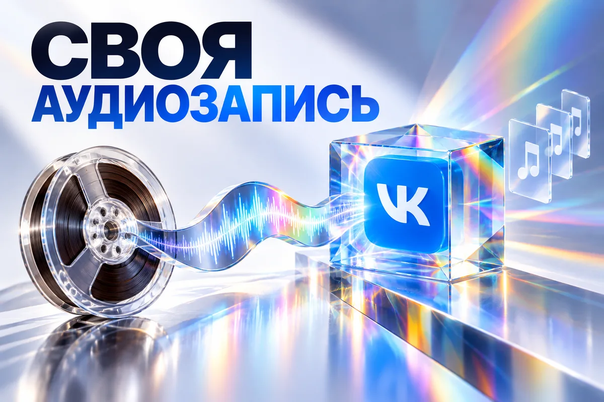СВОЯ АУДИОЗАПИСЬ: иллюстрация с логотипом VK для инструкции «Как загрузить свою аудиозапись в ВК и проверить ограничения файла»