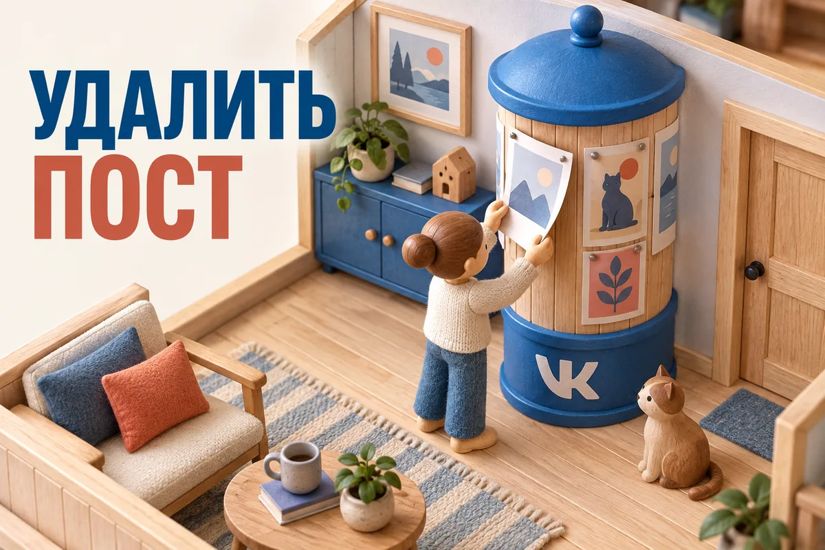 УДАЛИТЬ ПОСТ: иллюстрация с логотипом VK для инструкции «Как удалить свой пост ВК и что происходит с репостами»