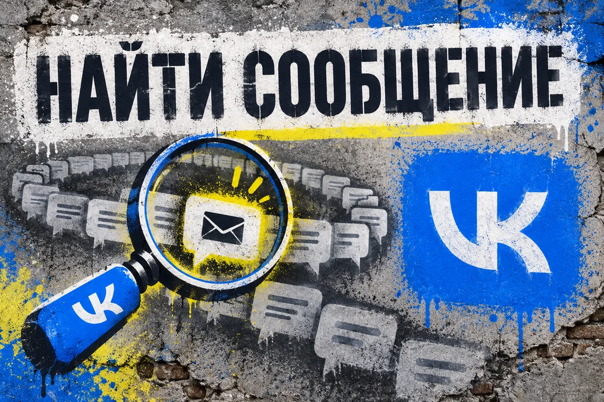 НАЙТИ СООБЩЕНИЕ: иллюстрация с логотипом VK для инструкции «Как найти сообщение в переписке ВК по слову, дате и вложениям»