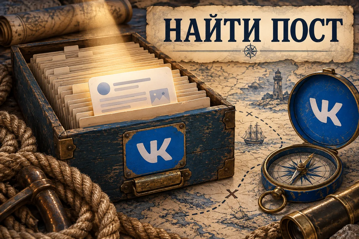 НАЙТИ ПОСТ: иллюстрация с логотипом VK для инструкции «Как найти пост ВК в сообществе, на странице и в поиске»