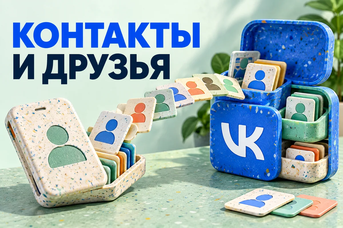 КОНТАКТЫ И ДРУЗЬЯ: иллюстрация с логотипом VK для инструкции «Как найти знакомых ВК через контакты телефона и управлять синхронизацией»
