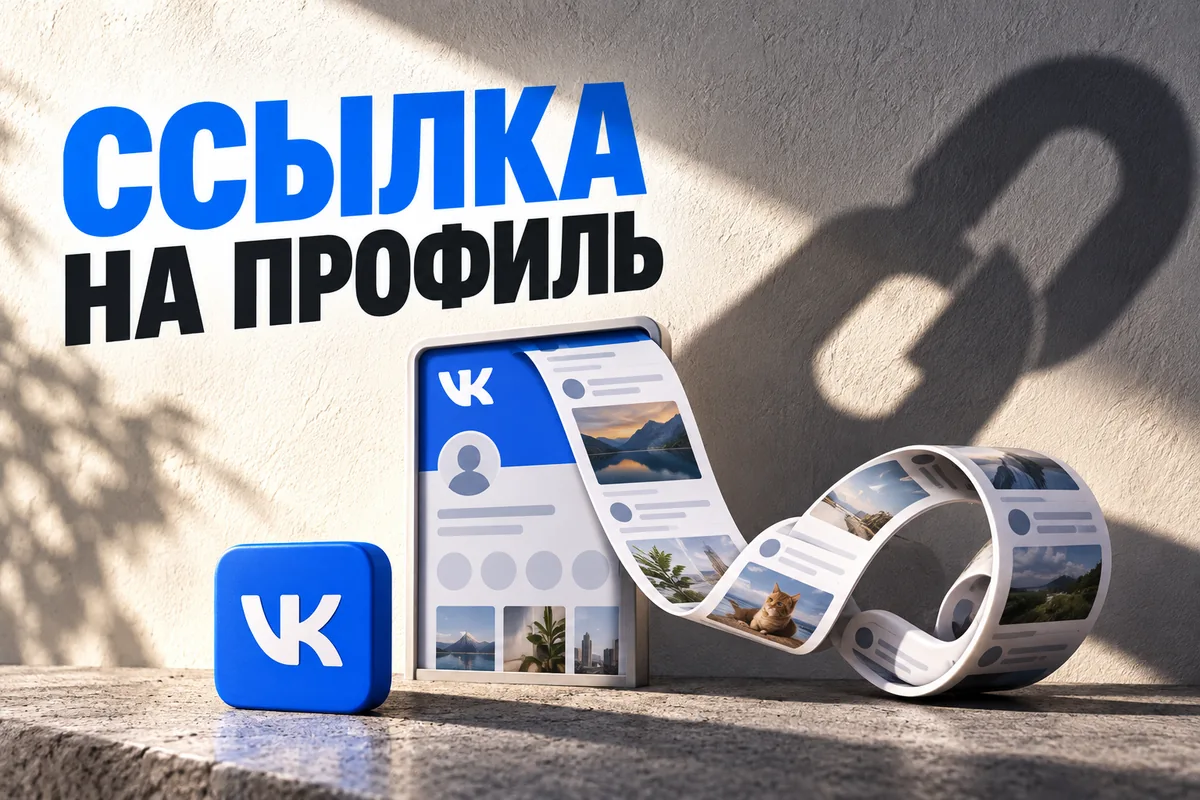 Нейросетевая иллюстрация с логотипом VK: ссылка на профиль.