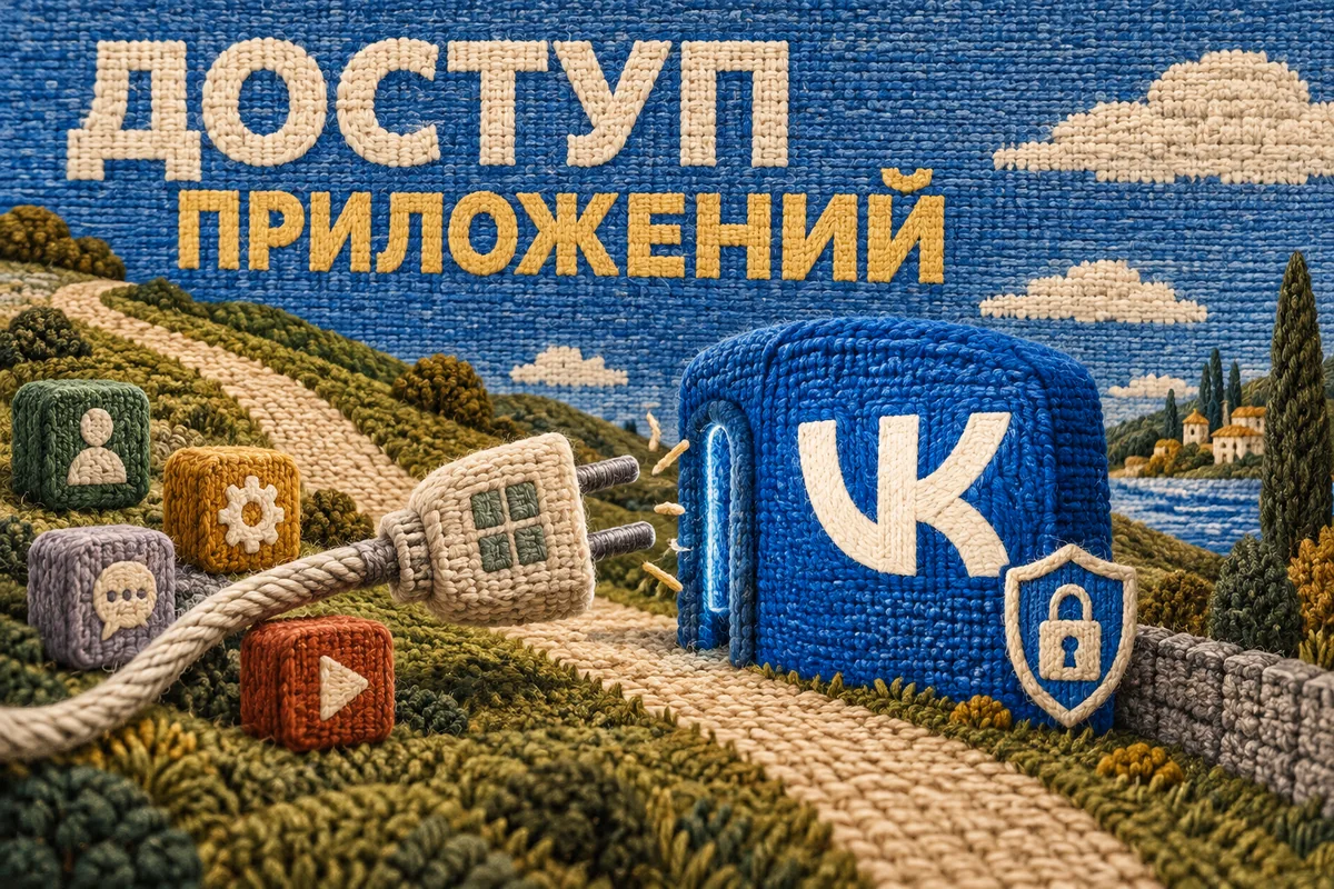 Нейросетевая иллюстрация с логотипом VK: доступ приложений.