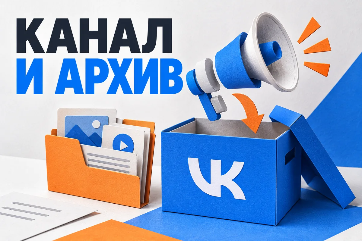 Нейросетевая иллюстрация с логотипом VK: канал и архив.