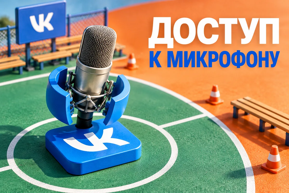 Нейросетевая иллюстрация с логотипом VK: доступ к микрофону.