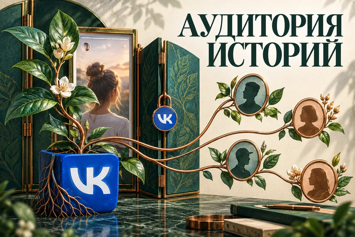 Нейросетевая иллюстрация с логотипом VK: аудитория историй.