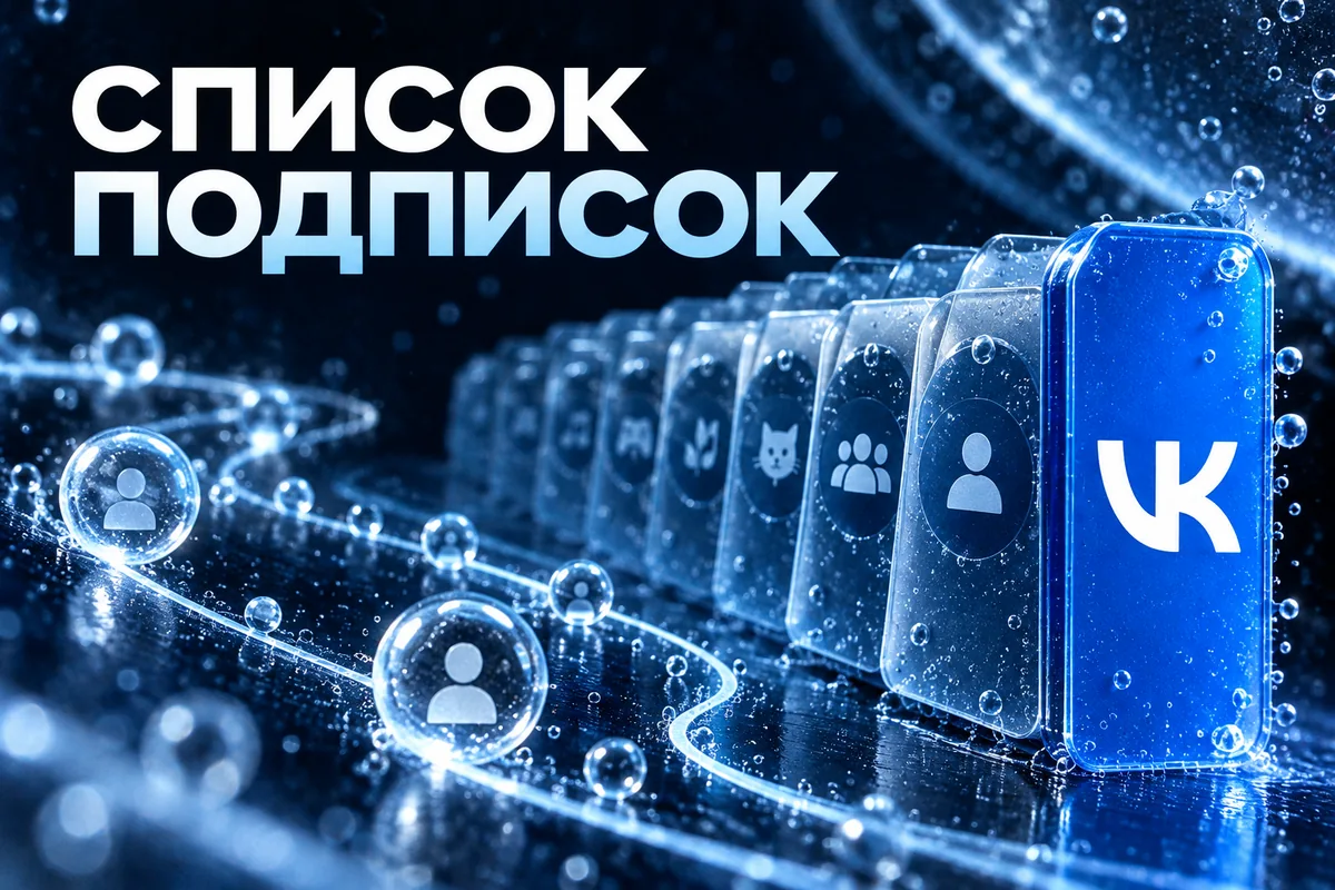 Нейросетевая иллюстрация с логотипом VK: список подписок.