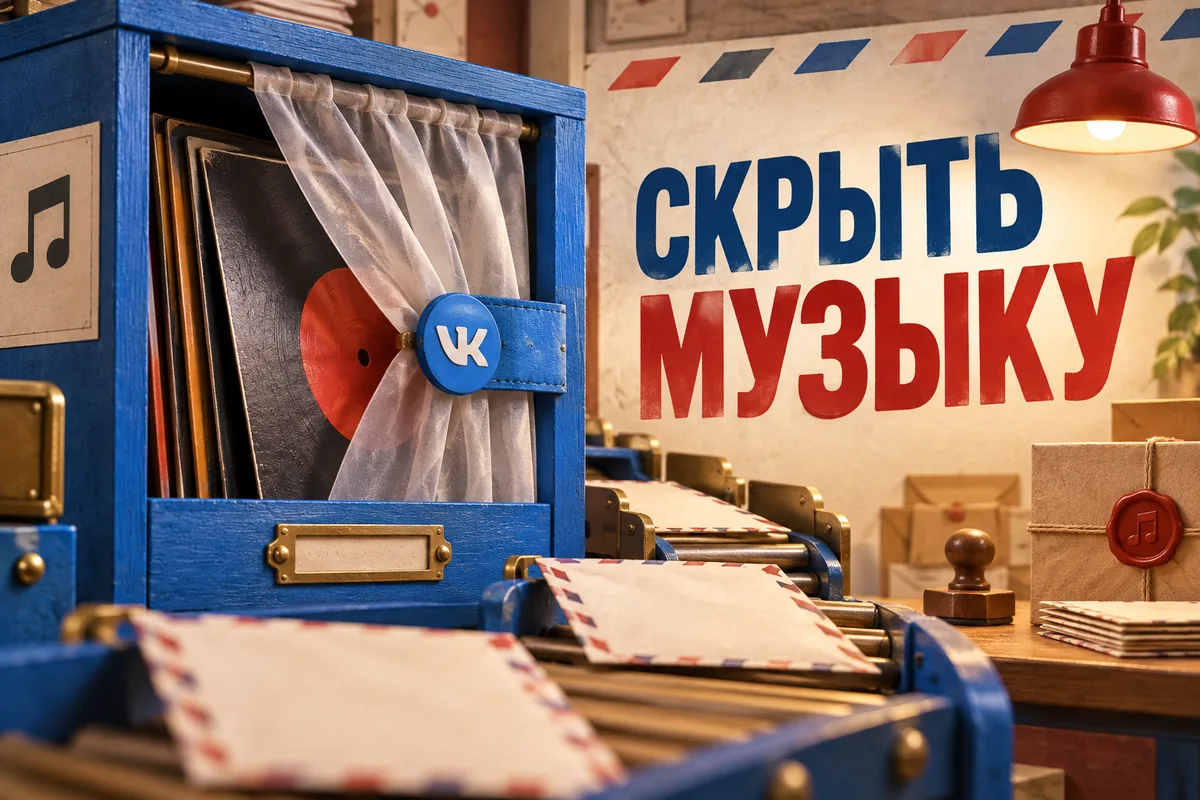 Нейросетевая иллюстрация с логотипом VK: скрыть музыку.