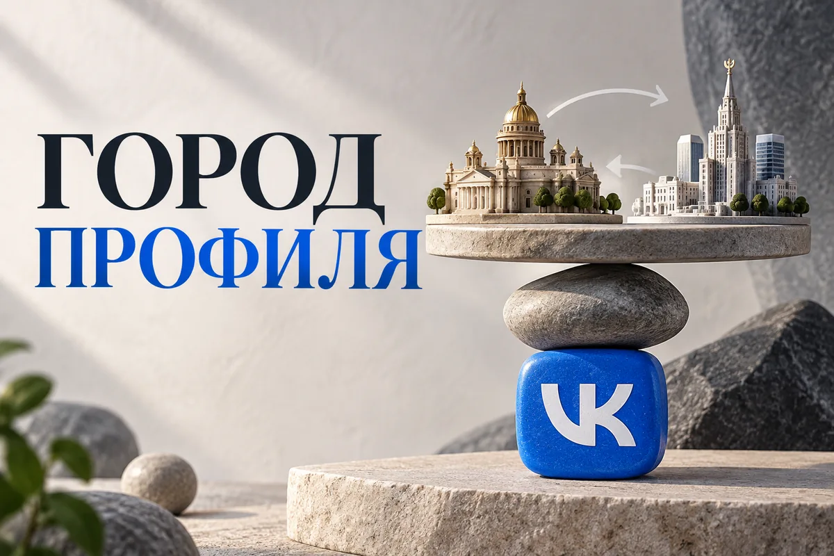 Нейросетевая иллюстрация с логотипом VK: город профиля.