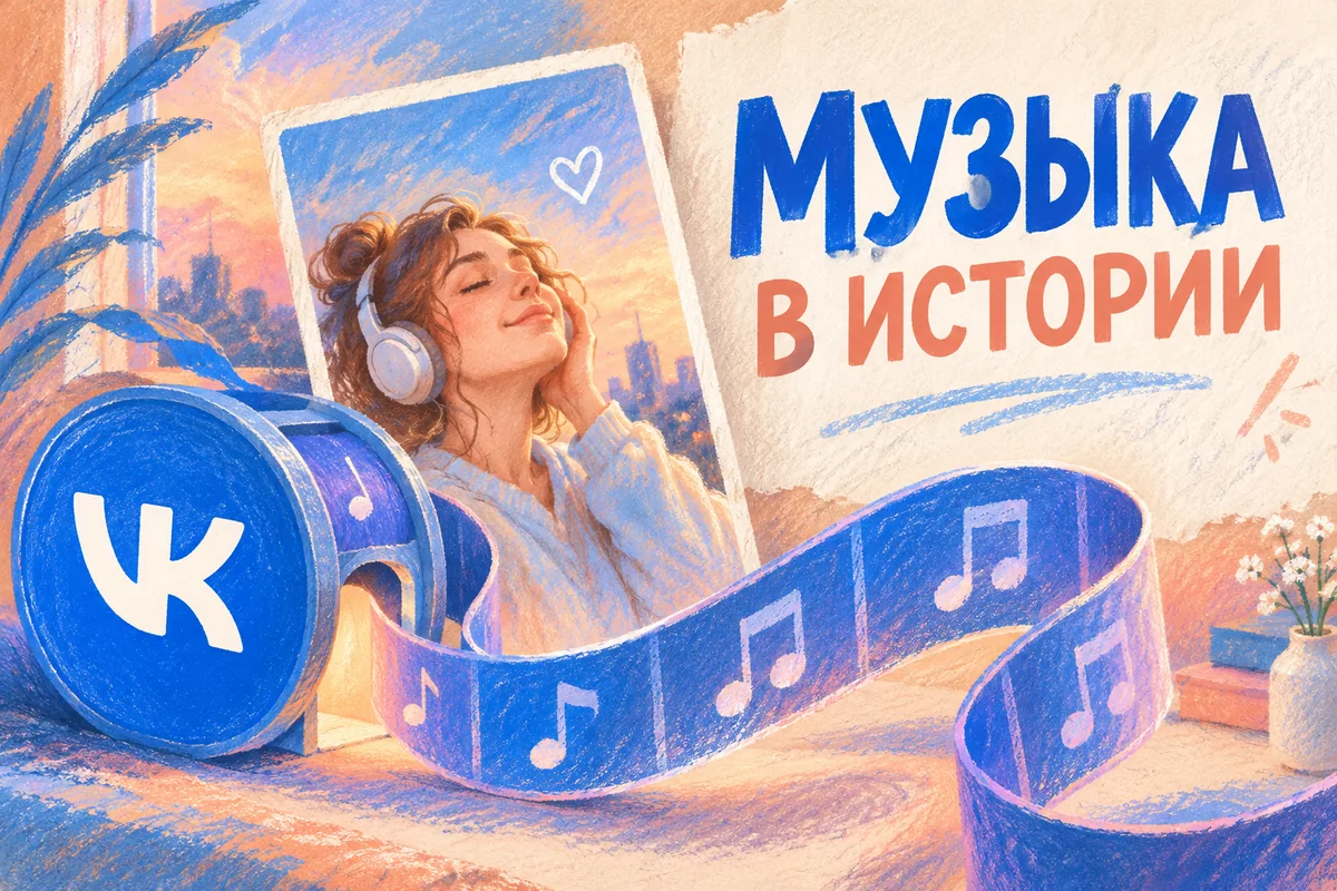 Нейросетевая иллюстрация с логотипом VK: музыка в истории.