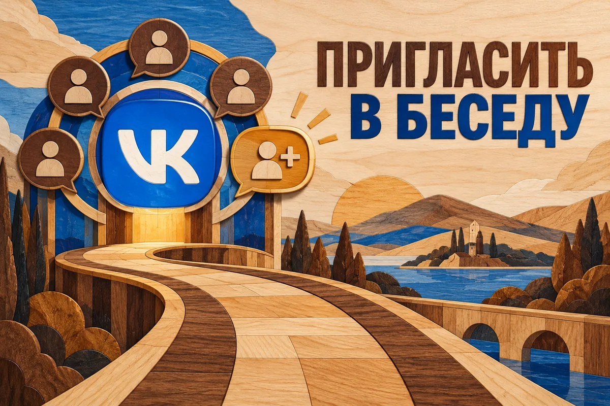 Нейросетевая иллюстрация с логотипом VK: пригласить в беседу.