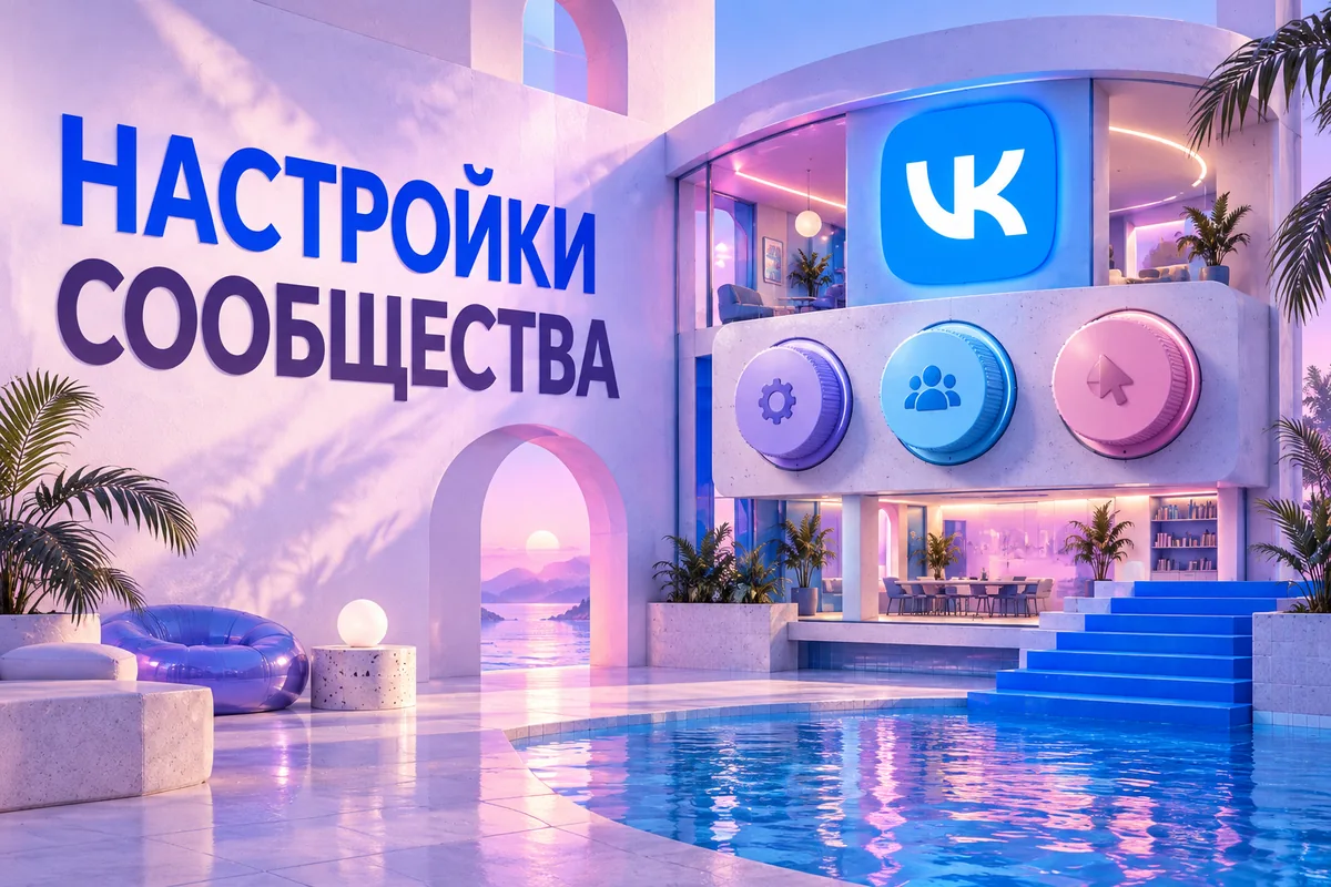 Нейросетевая иллюстрация с логотипом VK: настройки сообщества.