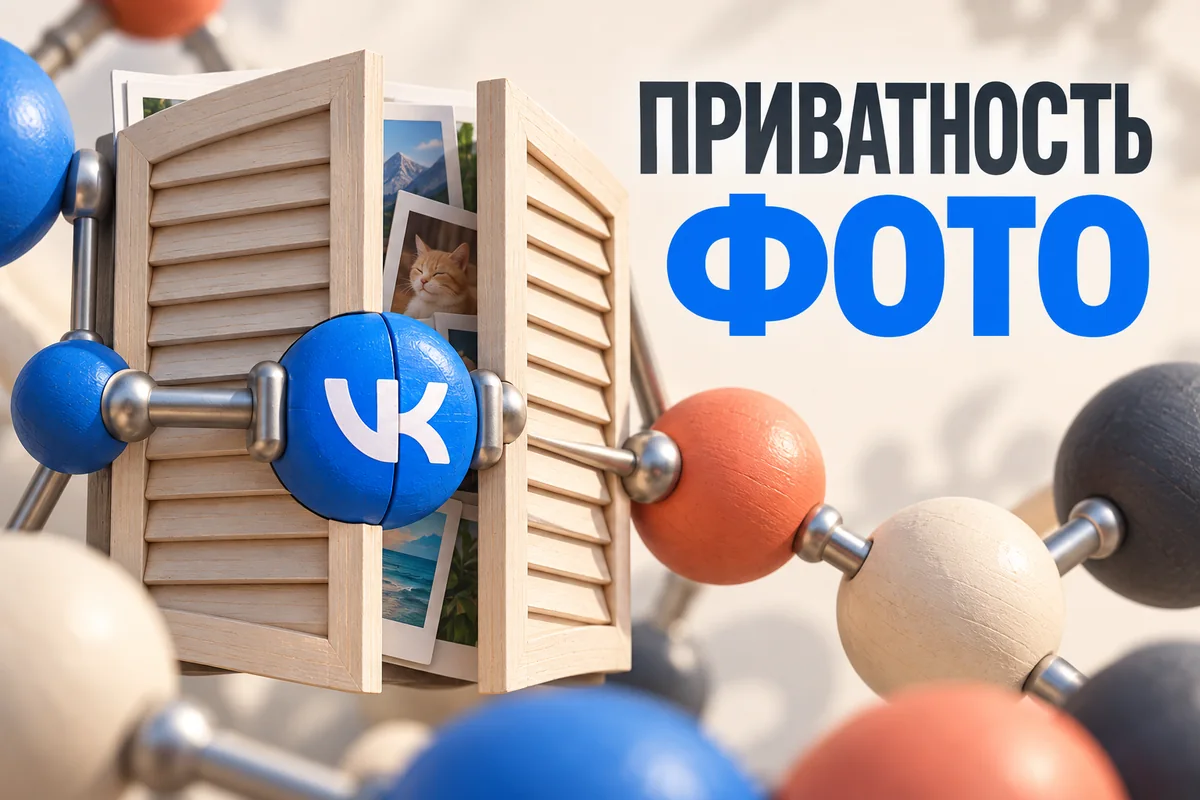 Нейросетевая иллюстрация с логотипом VK: приватность фото.