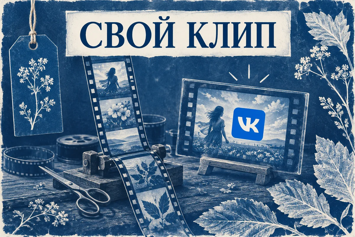 Нейросетевая иллюстрация с логотипом VK: свой клип.