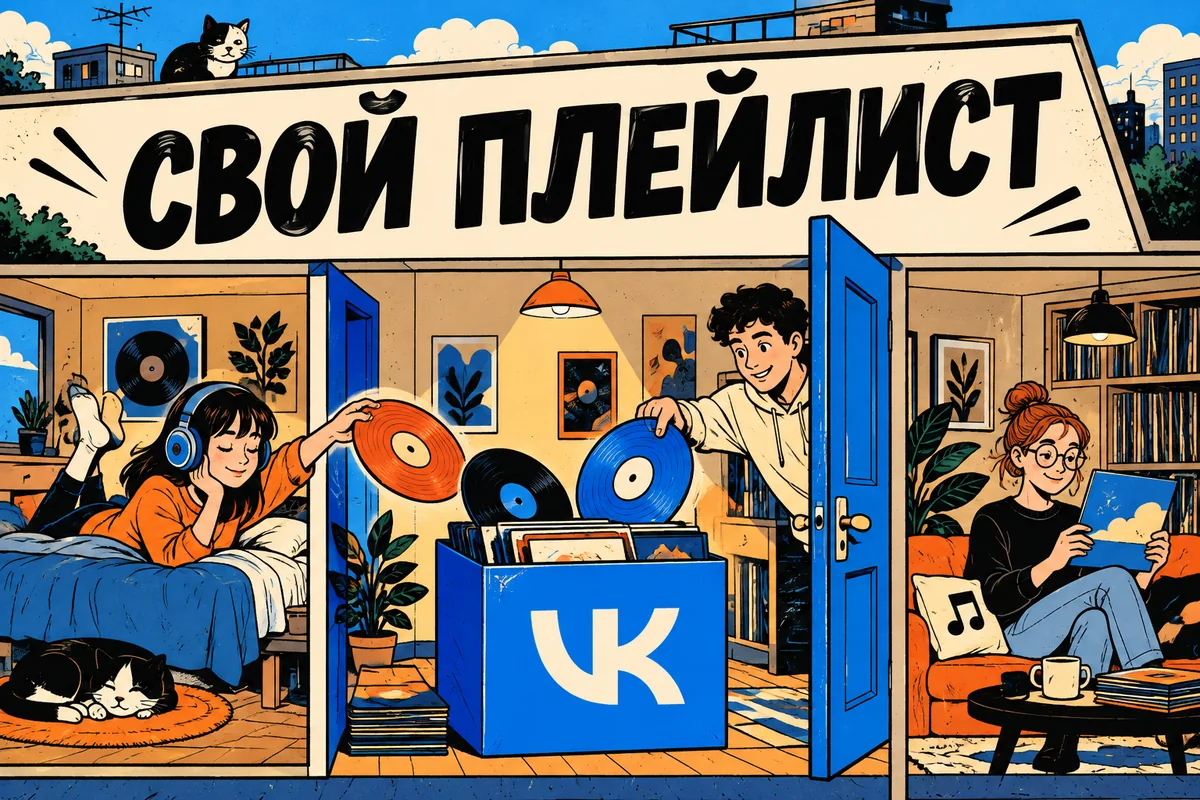 Нейросетевая иллюстрация с логотипом VK: свой плейлист.