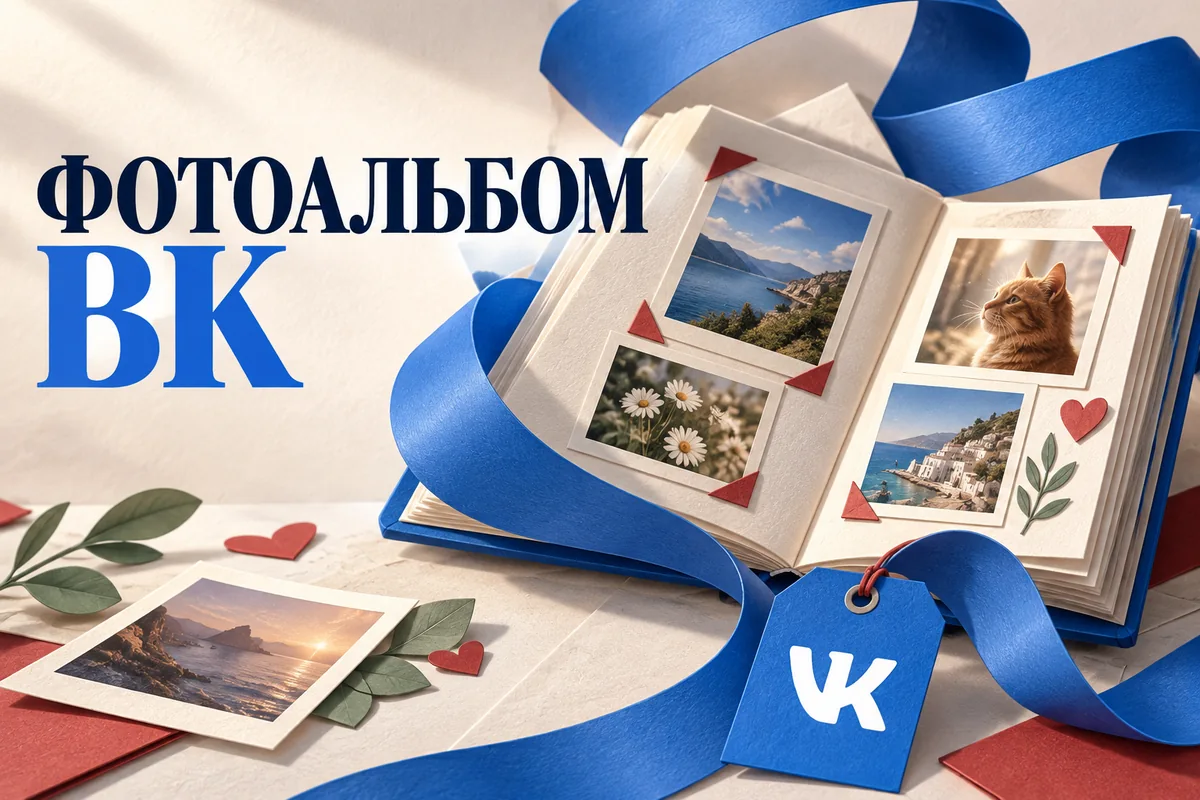 Нейросетевая иллюстрация с логотипом VK: фотоальбом вк.