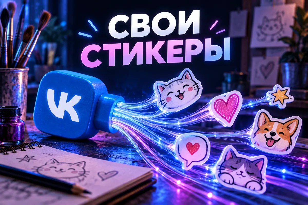 Нейросетевая иллюстрация с логотипом VK: свои стикеры.