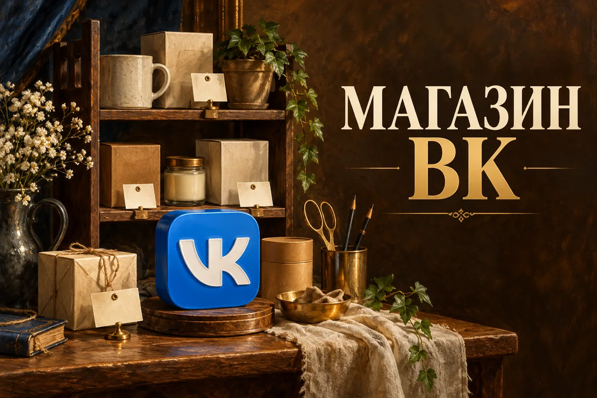 Нейросетевая иллюстрация с логотипом VK: магазин вк.