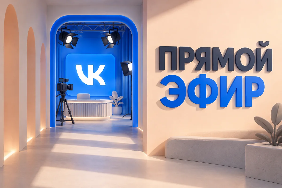 Нейросетевая иллюстрация с логотипом VK: прямой эфир.