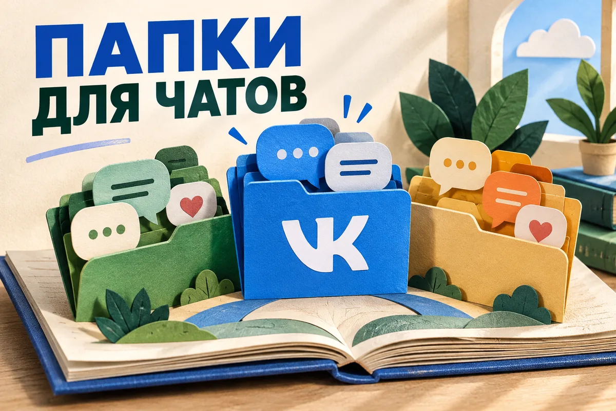 Нейросетевая иллюстрация с логотипом VK: папки для чатов.