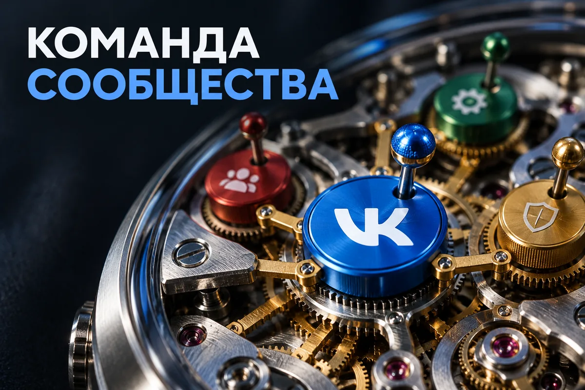 Нейросетевая иллюстрация с логотипом VK: команда сообщества.
