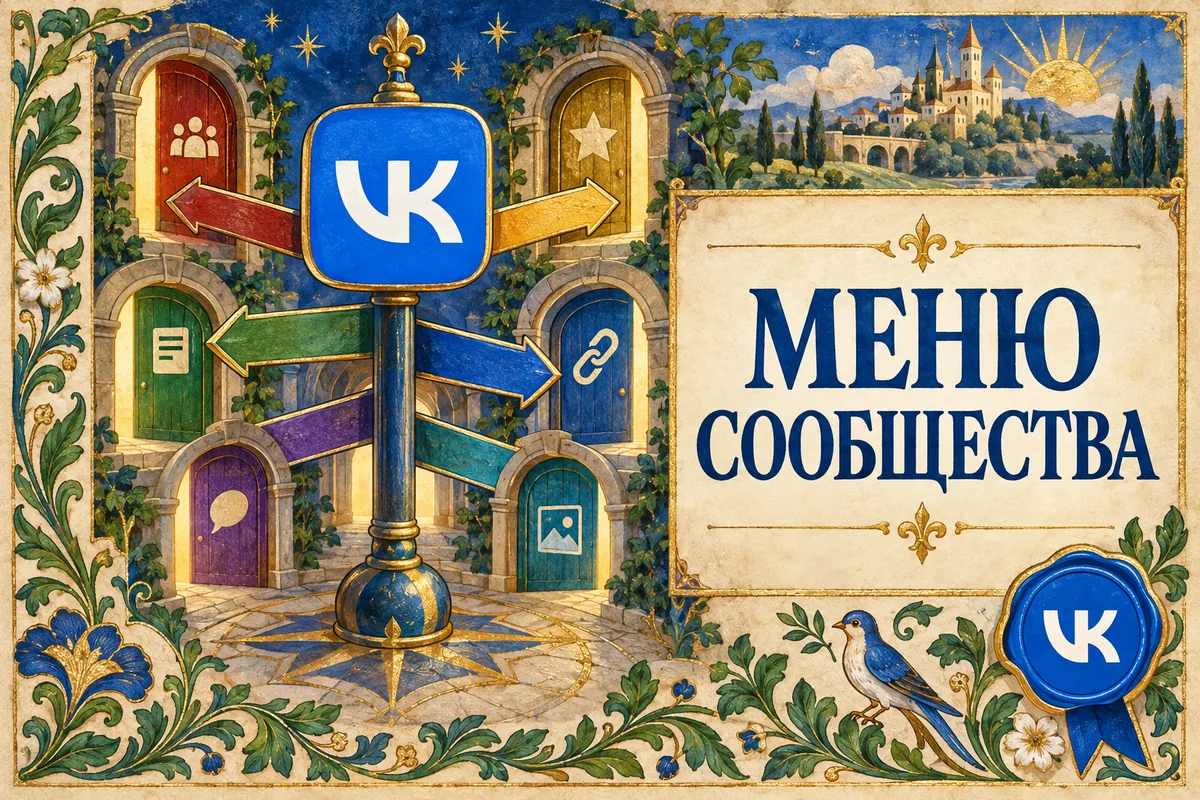 Нейросетевая иллюстрация с логотипом VK: меню сообщества.