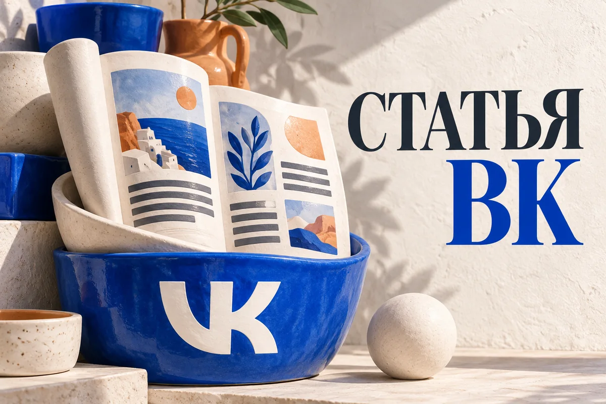 Нейросетевая иллюстрация с логотипом VK: статья вк.