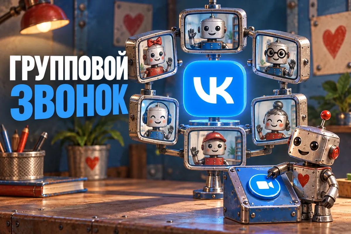 Нейросетевая иллюстрация с логотипом VK: групповой звонок.