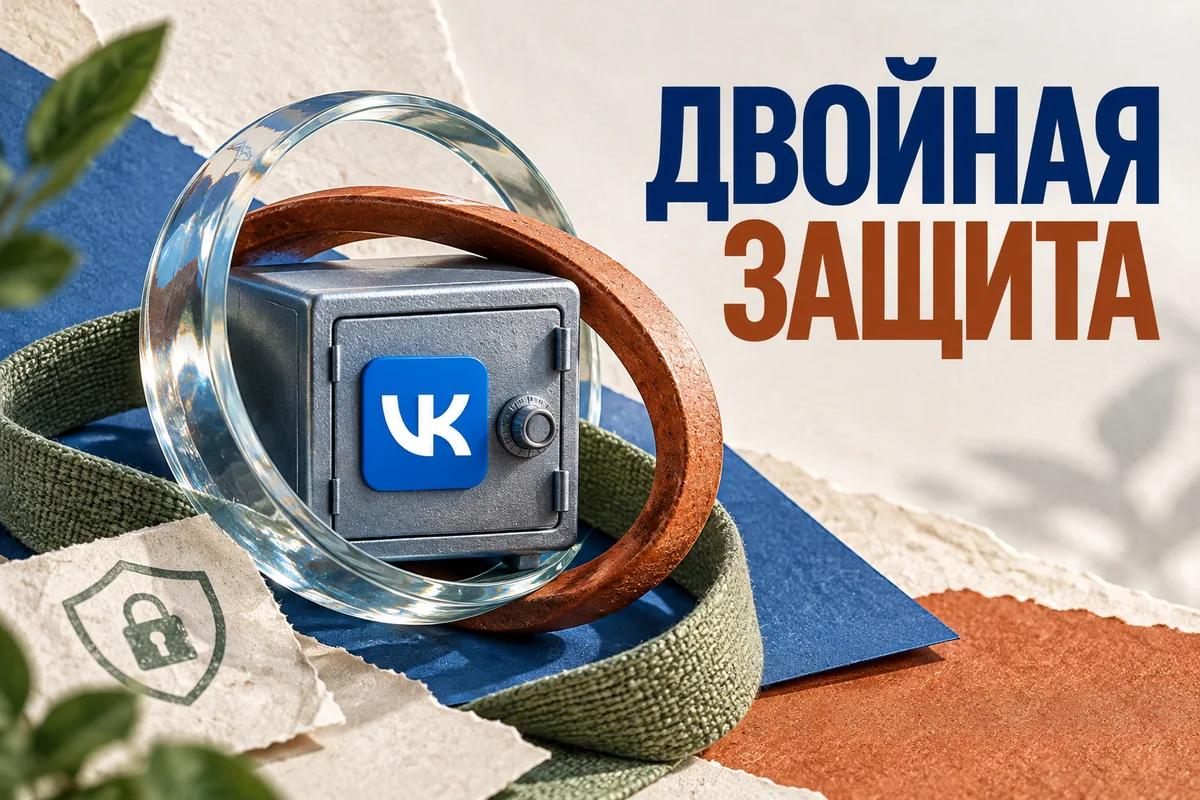 Нейросетевая иллюстрация с логотипом VK: двойная защита.