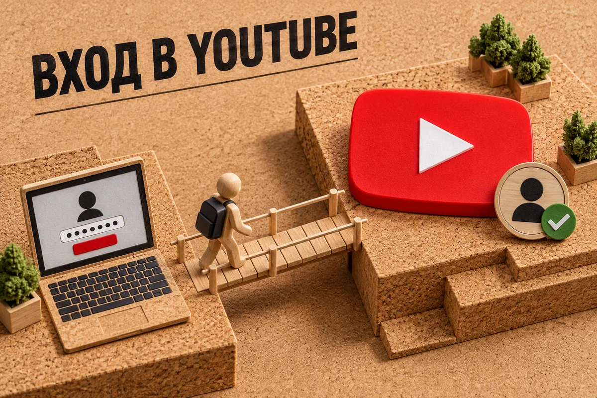 ВХОД В YOUTUBE: авторская иллюстрация с логотипом YouTube для инструкции DownJet