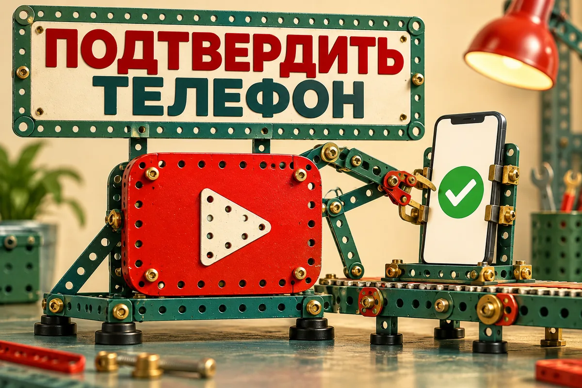 ПОДТВЕРДИТЬ ТЕЛЕФОН: авторская иллюстрация с логотипом YouTube для инструкции DownJet