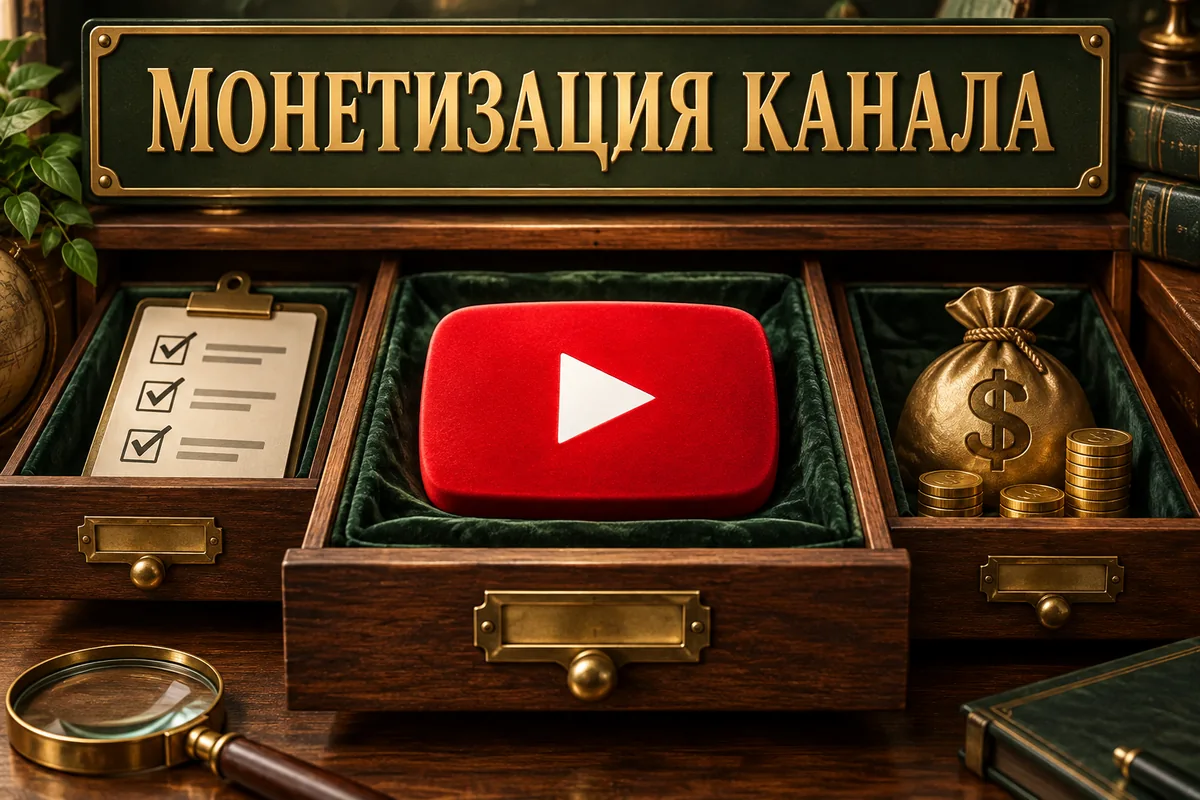 МОНЕТИЗАЦИЯ КАНАЛА: авторская иллюстрация с логотипом YouTube для инструкции DownJet