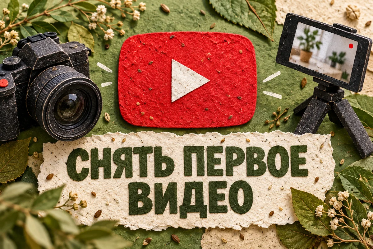 СНЯТЬ ПЕРВОЕ ВИДЕО: авторская иллюстрация с логотипом YouTube для инструкции DownJet