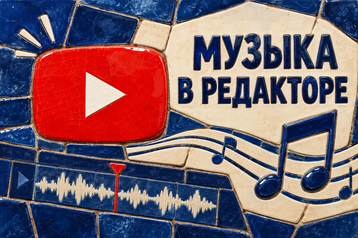 МУЗЫКА В РЕДАКТОРЕ: авторская иллюстрация с логотипом YouTube для инструкции DownJet