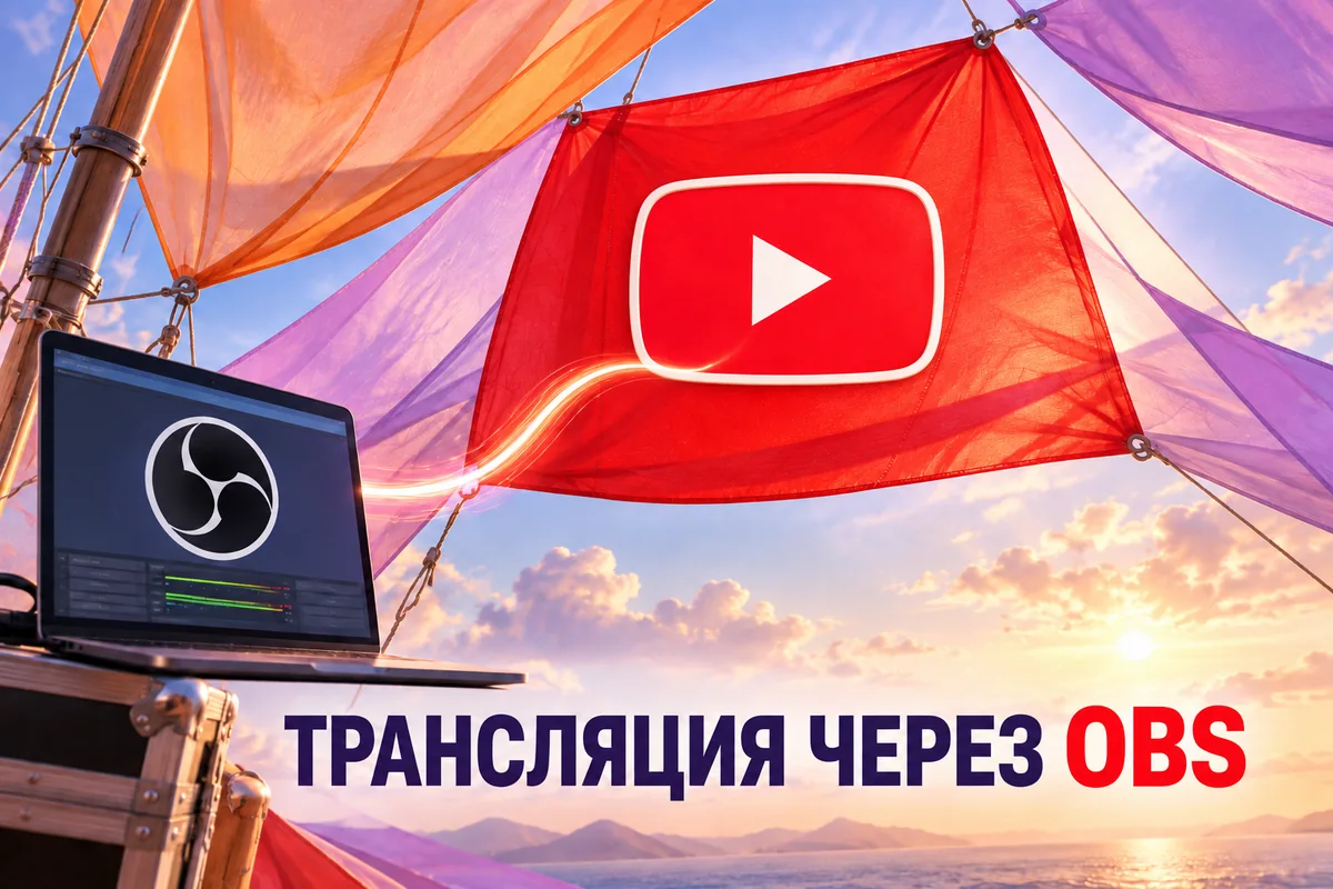 ТРАНСЛЯЦИЯ ЧЕРЕЗ OBS: авторская иллюстрация с логотипом YouTube для инструкции DownJet