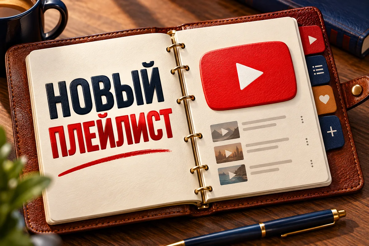 НОВЫЙ ПЛЕЙЛИСТ: авторская иллюстрация с логотипом YouTube для инструкции DownJet