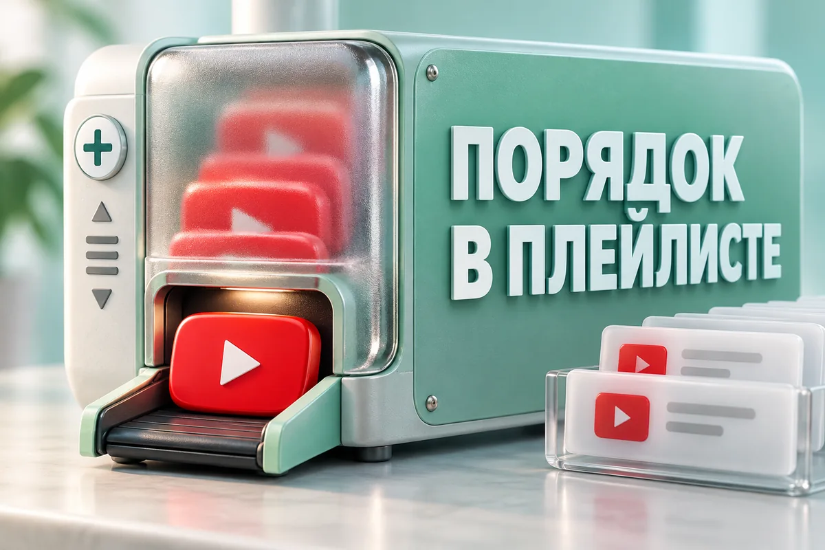 ПОРЯДОК В ПЛЕЙЛИСТЕ: авторская иллюстрация с логотипом YouTube для инструкции DownJet