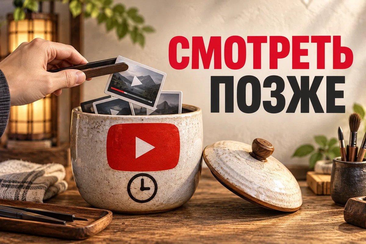 СМОТРЕТЬ ПОЗЖЕ: авторская иллюстрация с логотипом YouTube для инструкции DownJet