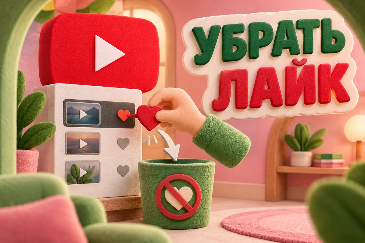 УБРАТЬ ЛАЙК: авторская иллюстрация с логотипом YouTube для инструкции DownJet