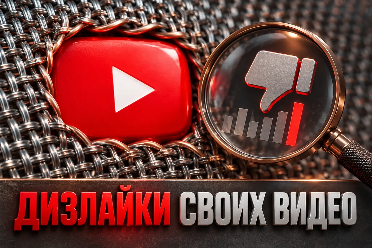 ДИЗЛАЙКИ СВОИХ ВИДЕО: авторский нейросетевой постер с логотипом YouTube для инструкции DownJet