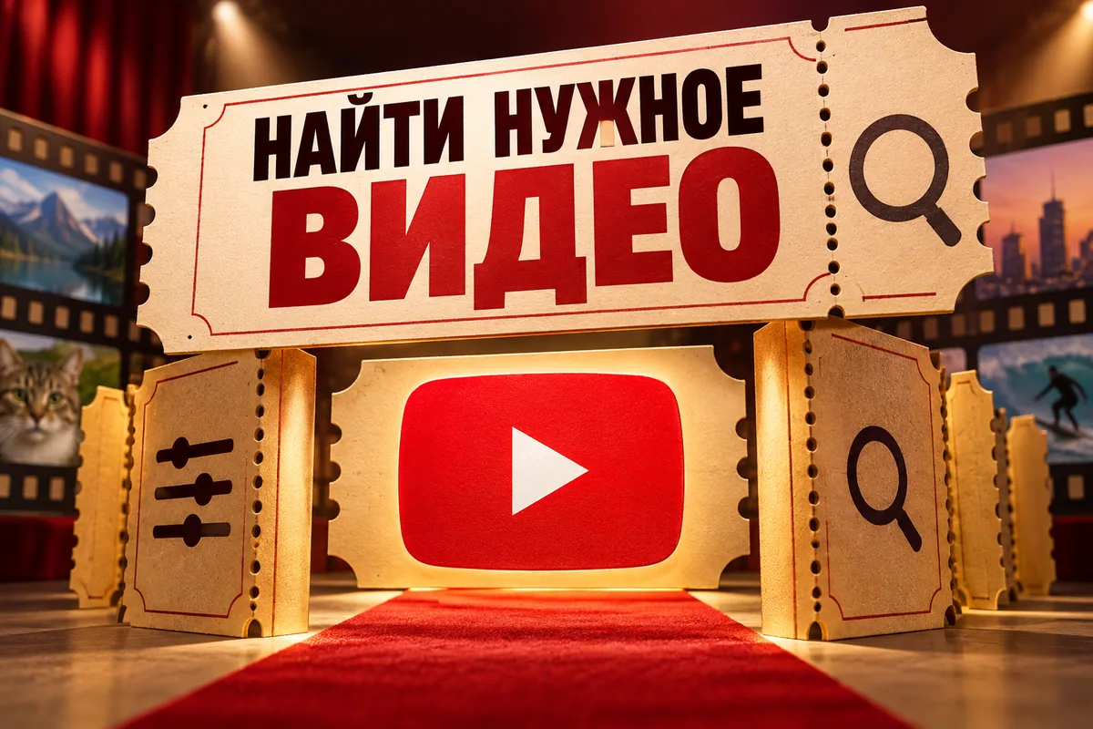 НАЙТИ НУЖНОЕ ВИДЕО: авторский нейросетевой постер с логотипом YouTube для инструкции DownJet
