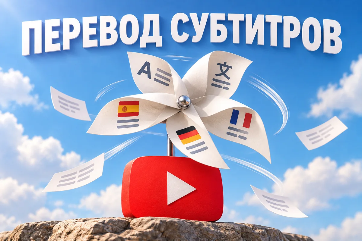 ПЕРЕВОД СУБТИТРОВ: авторский нейросетевой постер с логотипом YouTube для инструкции DownJet