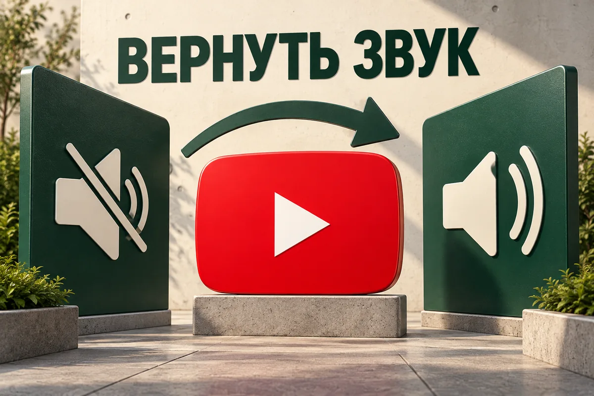 ВЕРНУТЬ ЗВУК: авторский нейросетевой постер с логотипом YouTube для инструкции DownJet