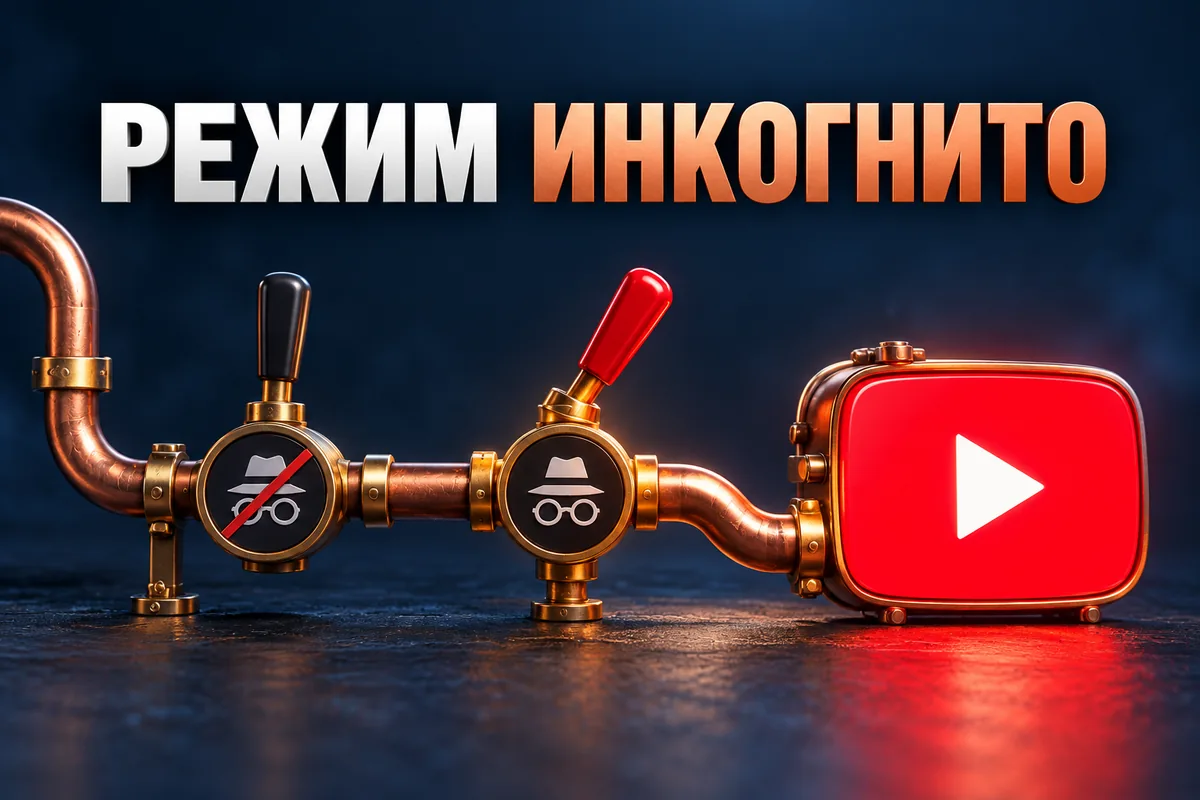 РЕЖИМ ИНКОГНИТО: авторский нейросетевой постер с логотипом YouTube для инструкции DownJet
